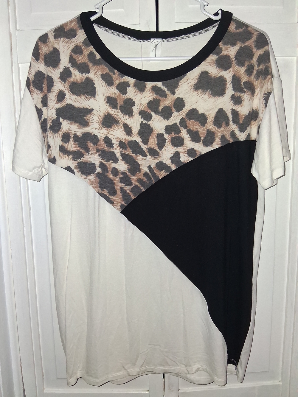 Leopard Print Panel Short Sleeve Top - Black & Cream